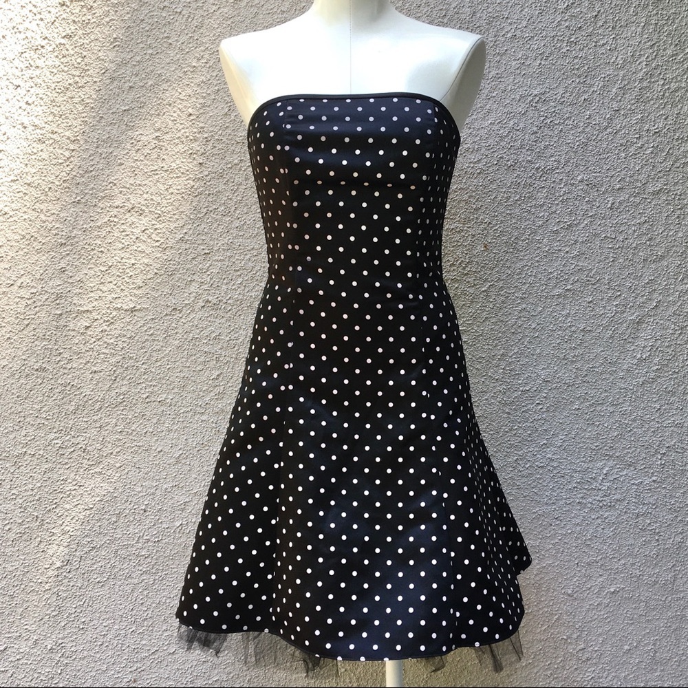 JESSICA McCLINTOCK GUNNE SAX Black & tan polka dot strapless cocktail dress 5/6